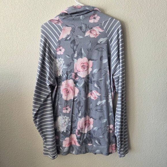 Michelle Mae Womens XL Floral Striped Lightweight Pullover Sweatshirt Cowl Neck - Picture 3 of 9